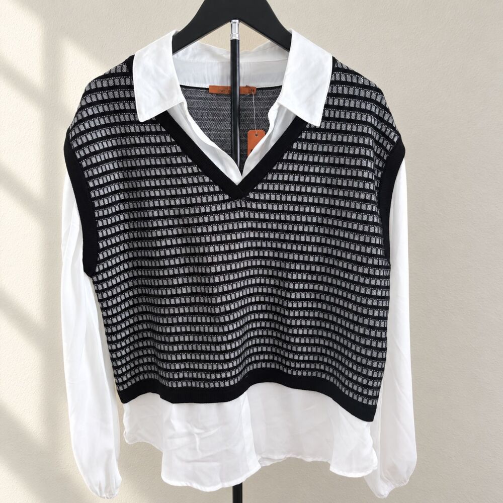 Belldini Black White Layered Sweater Vest Blouse NWT Medium